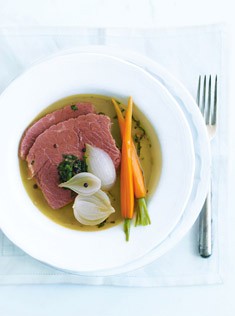 Corned beef in broth with salsa verde