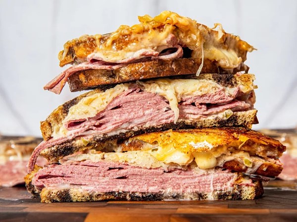 Corned beef on rye with sauerkraut and Swiss (Classic reuben sandwich)