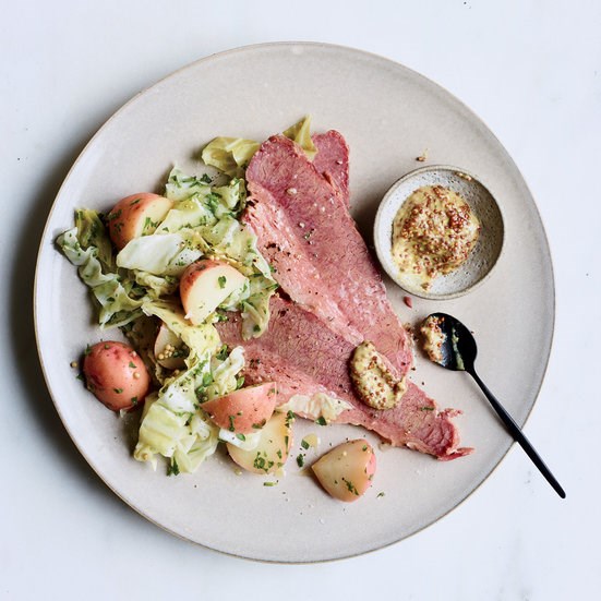 Corned beef with pickled cabbage and potato salad