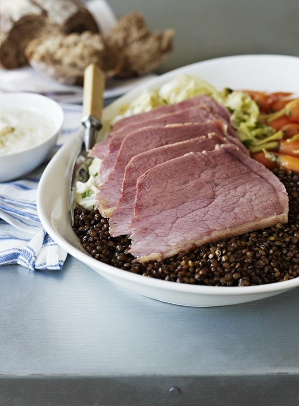 Corned silverside with green lentils and horseradish sauce