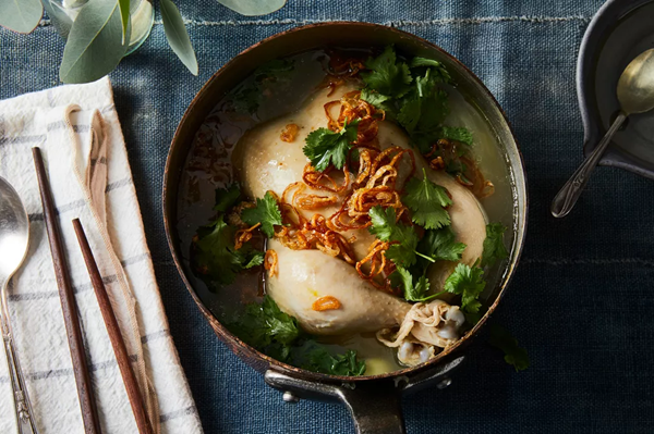 Cornish game hen soup with garlic, ginger & fried shallots