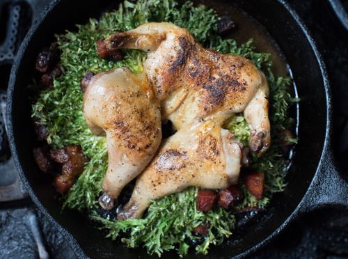 Cornish hen meets frisée aux lardons