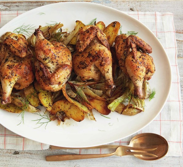 Cornish hens with fennel and fingerlings