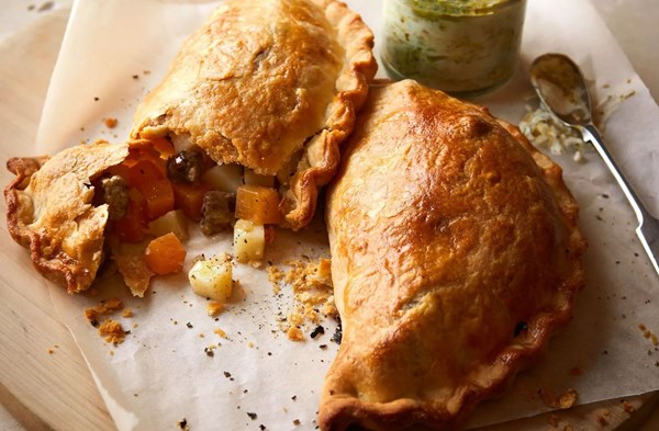 Cornish picnic pasties with harissa yogurt dip