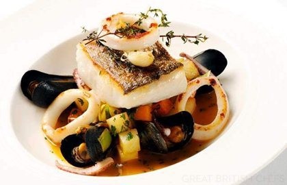 Cornish salt pollack, squid and mussel stew