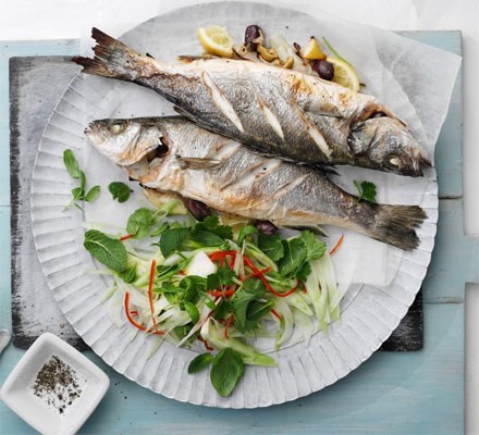 Cornish sea bass stuffed with fennel and olives