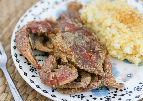 Cornmeal battered soft crabs with Old Bay corn grits