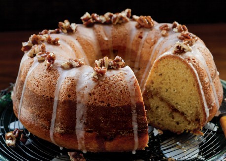 Cornmeal bundt cake with pecan pie swirl