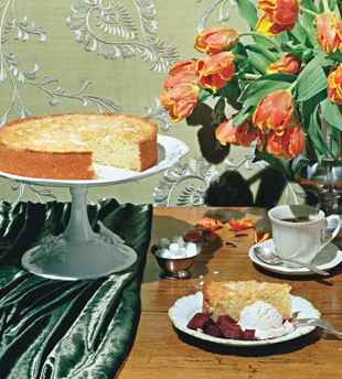 Cornmeal cake with buttermilk ice cream and rhubarb compote