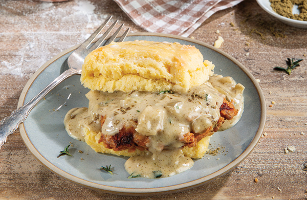 Cornmeal chicken biscuits and gravy