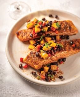 Cornmeal-crusted salmon fillets with mango–red pepper black bean salsa