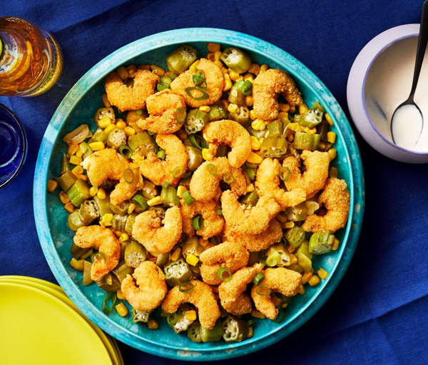 Cornmeal-crusted shrimp with corn & okra