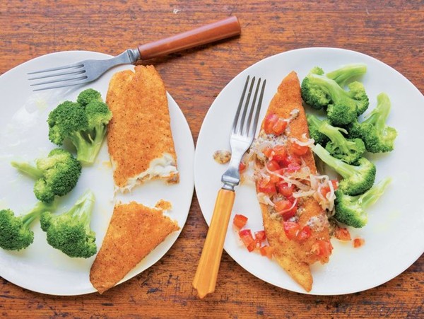 Cornmeal-crusted tilapia with shallot, tomatoes, and mustard sauce