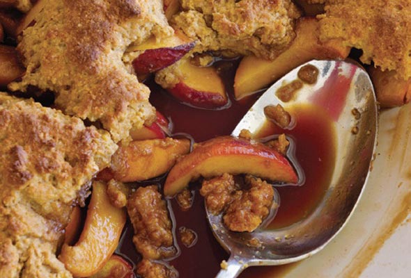 Cornmeal drop-biscuit peach cobbler