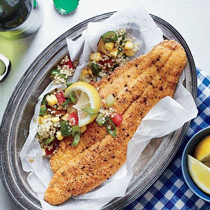 Cornmeal-dusted catfish with quinoa sauté