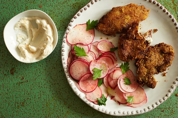 Cornmeal-fried oysters, preserved lemon mayo, and radish-parsley salad