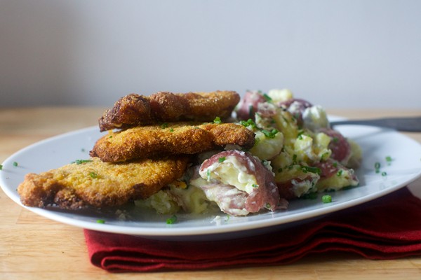 Cornmeal-fried pork chops & smashed potatoes