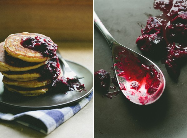 Cornmeal pancakes + blueberry-rhubarb compote