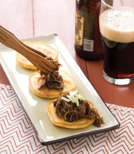 Cornmeal pancakes with beer-braised short ribs