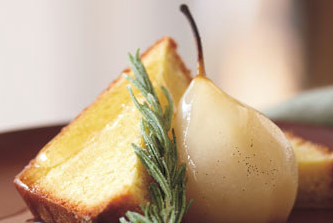 Cornmeal pound cake with rosemary syrup, poached pears, and candied rosemary
