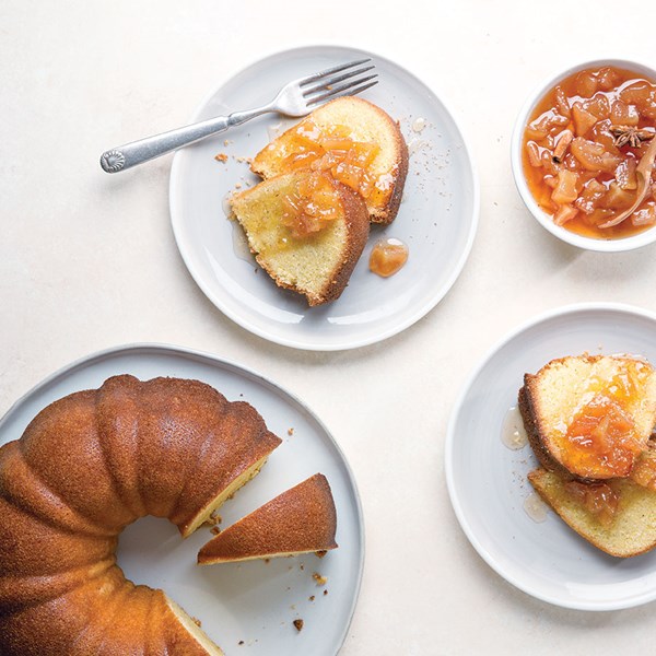 Cornmeal pound cake with spiced pear preserves