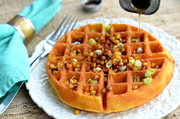 Cornmeal-scallion waffles with caramel corn and maple syrup