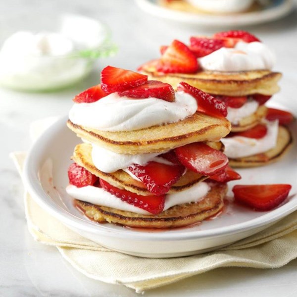 Cornmeal towers with strawberries & cream