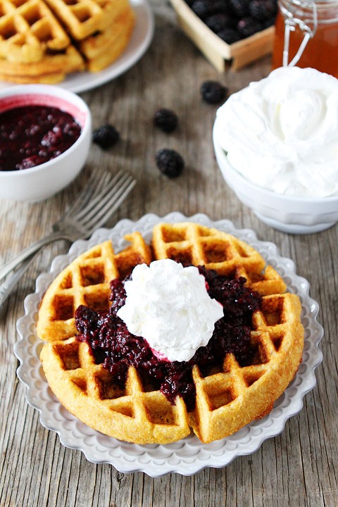 Cornmeal waffles with blackberry compote