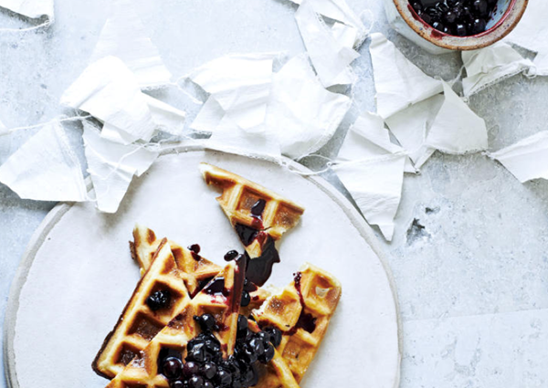 Cornmeal waffles with currant-maple sauce