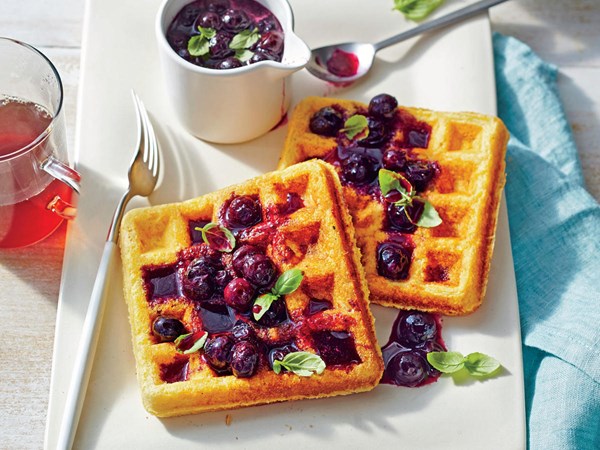 Cornmeal waffles with fresh blueberry compote