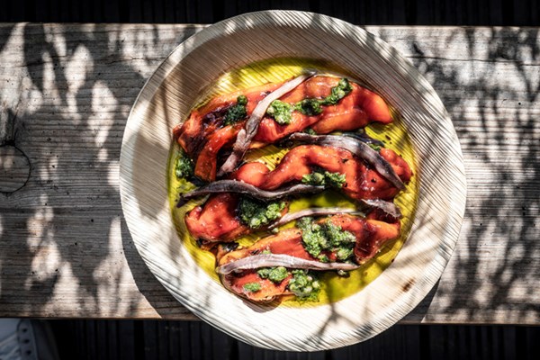 Corno di toro peppers, Cantabrian anchovies and salsa verde