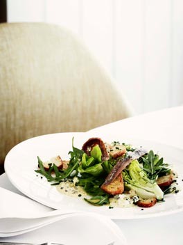 Cos and rocket salad with anchovies and sauce gribiche