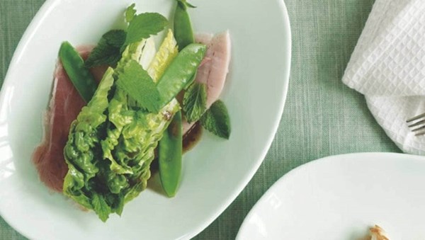 Cos lettuce, snowpeas and mint salad with ham off the bone