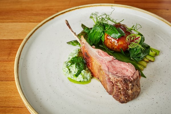 Cotswold kid with wild garlic tzatziki and asparagus