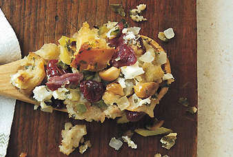 Country bread stuffing with smoked ham, goat cheese, and dried cherries