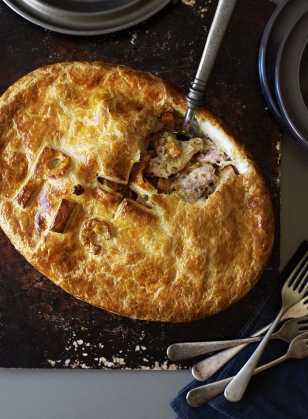 Country chicken and kumara pie with thyme pastry