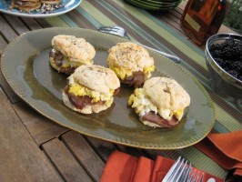 Country ham and fried egg on angel biscuits