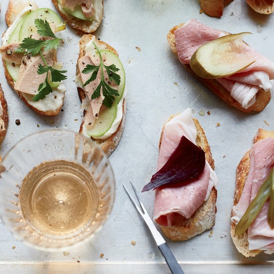 Country ham and pickle crostini