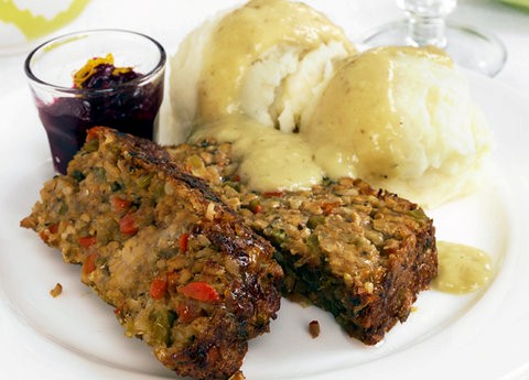 Country meatloaf and golden gravy with orange-scented cranberry sauce