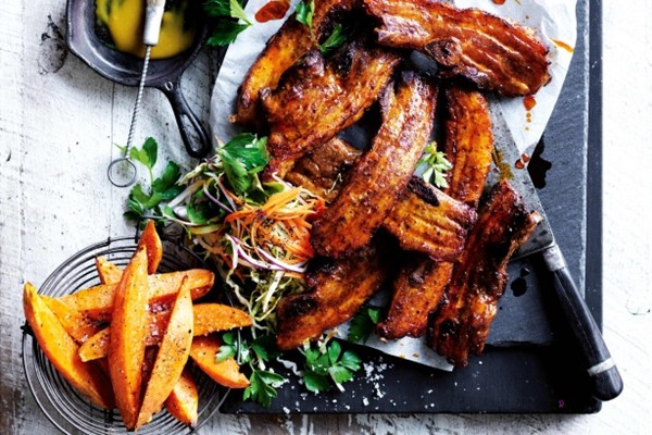 Country-style pork spare ribs with mustard barbecue sauce