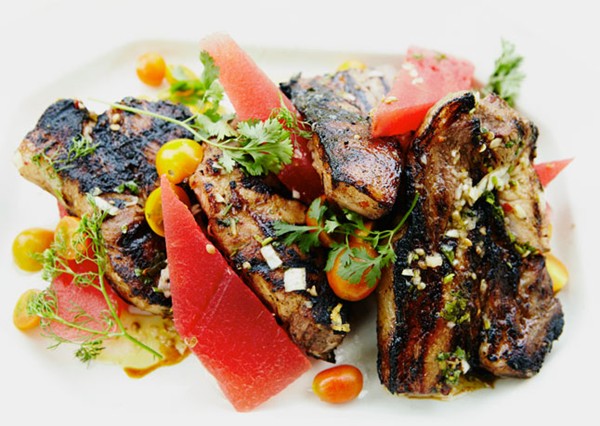 Country-style ribs with quick-pickled watermelon