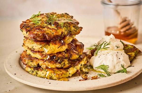 Courgette & lemon frittelle with whipped ricotta and honey