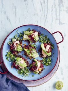 Courgette & pepper rostis with chipotle mayo, avocado & caramelised onions