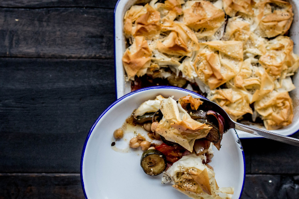Courgette and chickpea filo pie