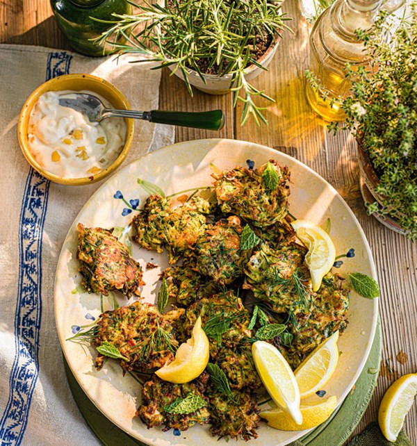 Courgette and feta fritters, preserved lemon, dill and mint