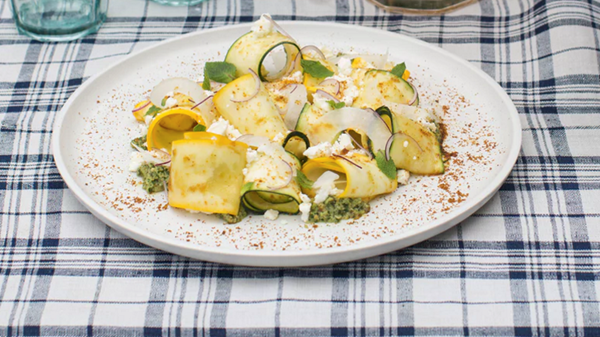 Courgette and feta salad with pumpkin seed pesto