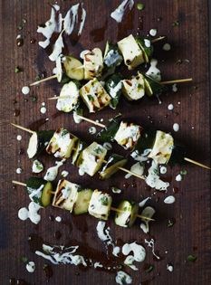 Courgette and halloumi kebabs with green tahini dressing