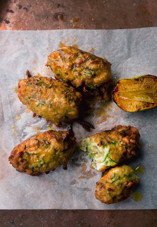 Courgette and manouri fritters