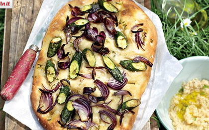 Courgette and onion focaccia with borlotti bean and basil dip