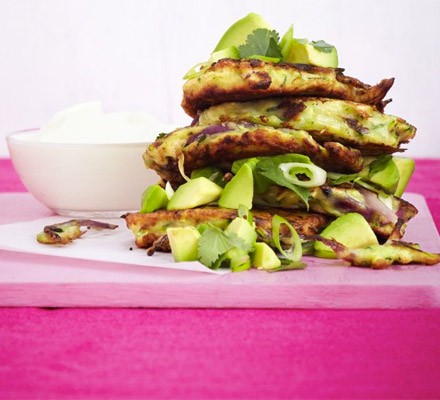 Courgette and red onion cakes with avocado salsa